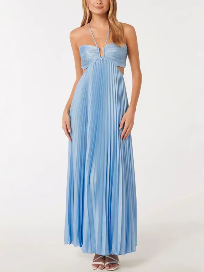 Calveth | Women's Wedding Guest Pleated Halter Maxi Dress - Light Blue - Image 3