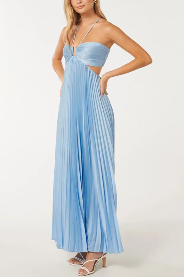 Calveth | Women's Wedding Guest Pleated Halter Maxi Dress - Light Blue - Image 4