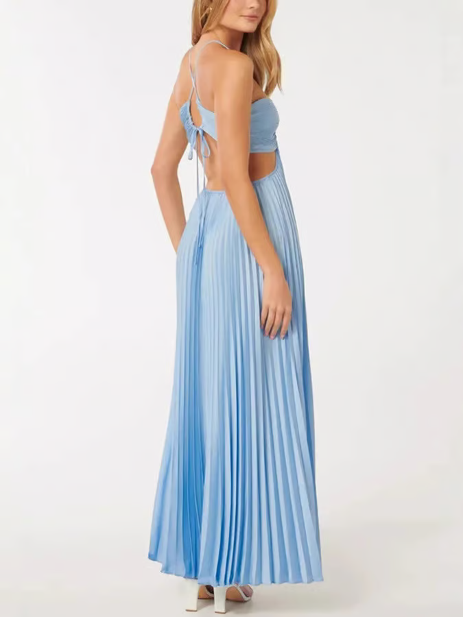 Calveth | Women's Wedding Guest Pleated Halter Maxi Dress - Light Blue - Image 5