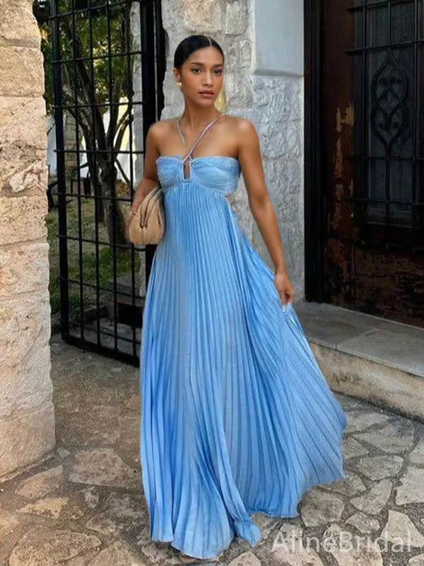 Calveth | Women's Wedding Guest Pleated Halter Maxi Dress - Light Blue - Image 6
