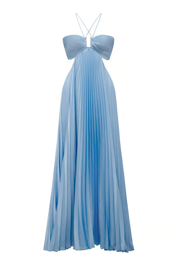 Calveth | Women's Wedding Guest Pleated Halter Maxi Dress - Light Blue - Image 7