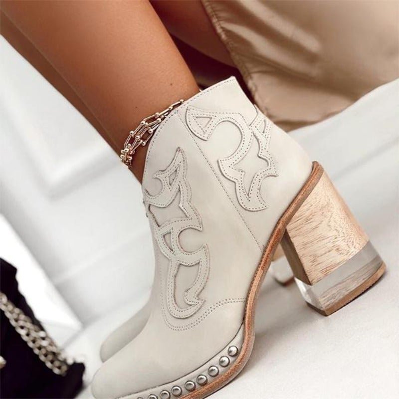 Calveth | Women's Western Ankle Boot Block Heel - Cream - Image 1