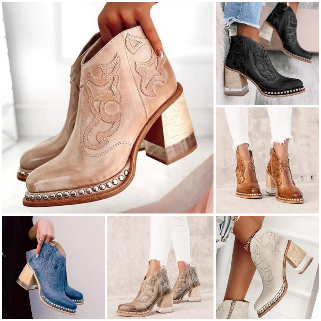Calveth | Women's Western Ankle Boot Block Heel - Cream - Image 3