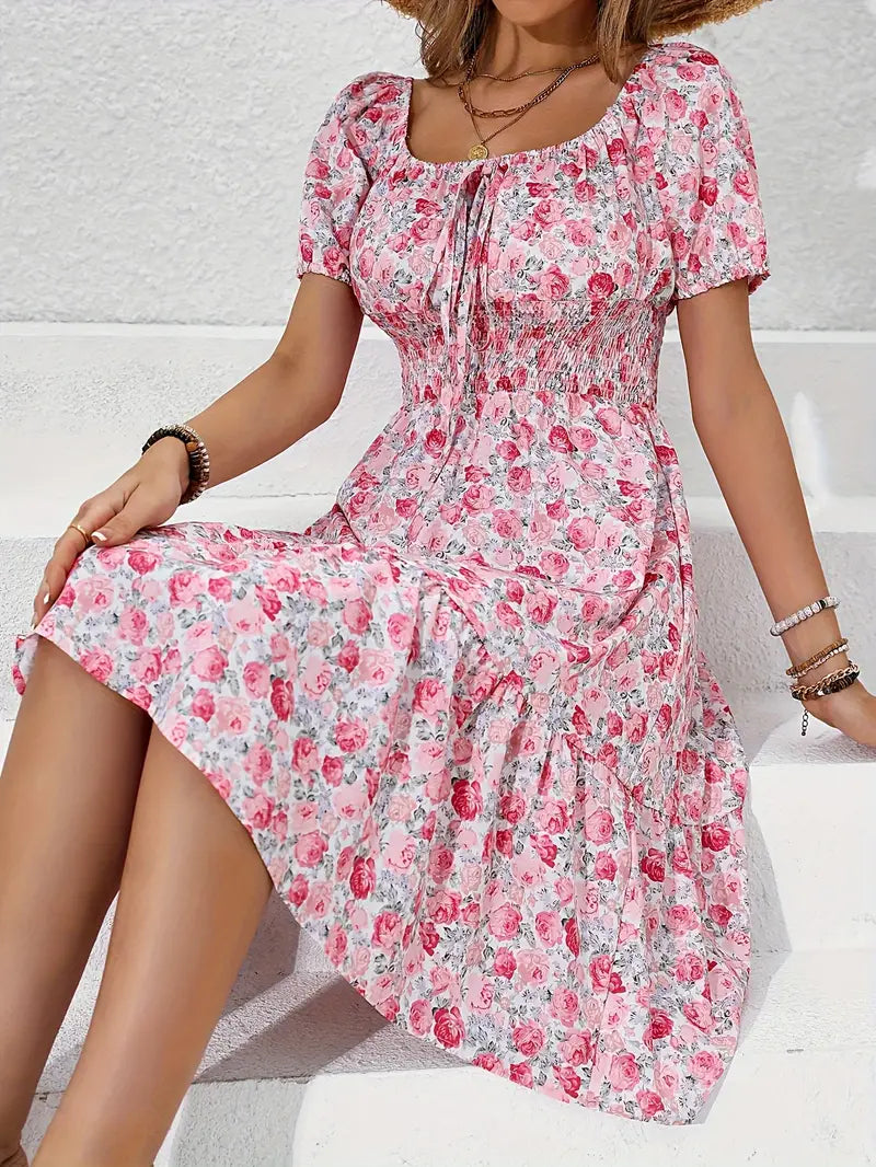 Calvette | Women's Floral Midi Dress Square Neck - Pink - Image 1