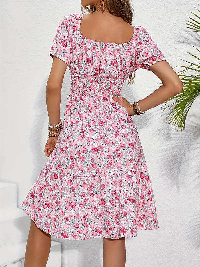 Calvette | Women's Floral Midi Dress Square Neck - Pink - Image 2