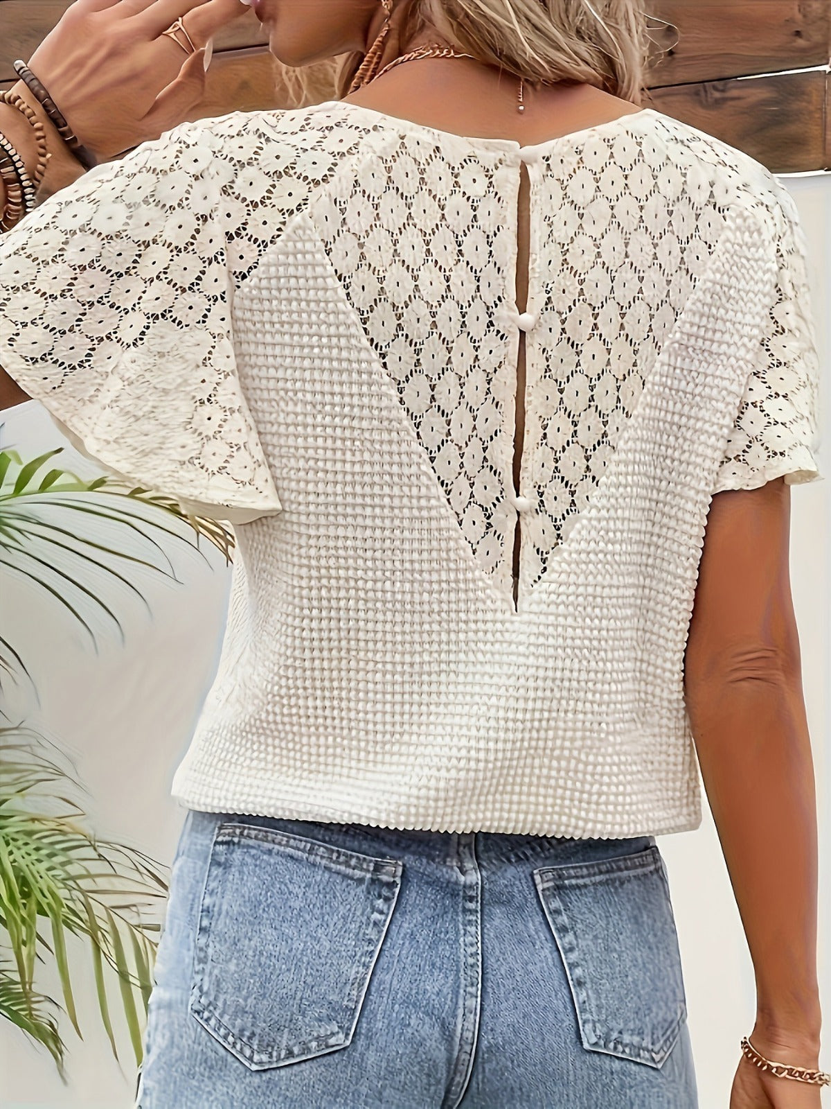 Calvielle | Women's Lace Sleeve Waffle Knit Top - Cream - Image 1