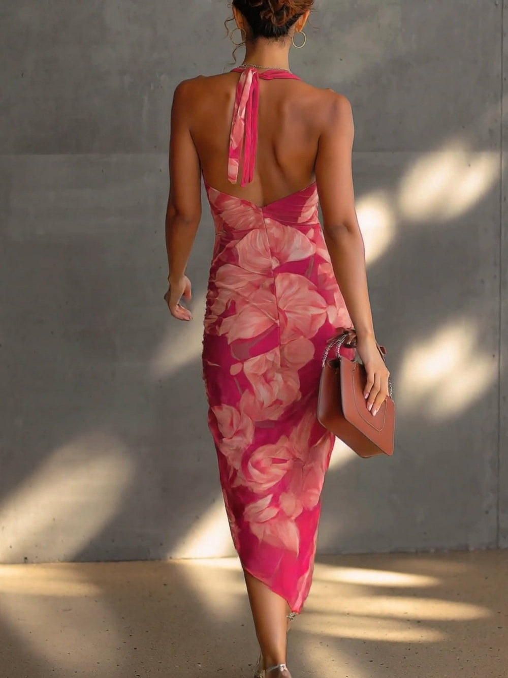 Calvienne | Women's Cocktail Dress Floral Halter Midi - Hot Pink - Image 2