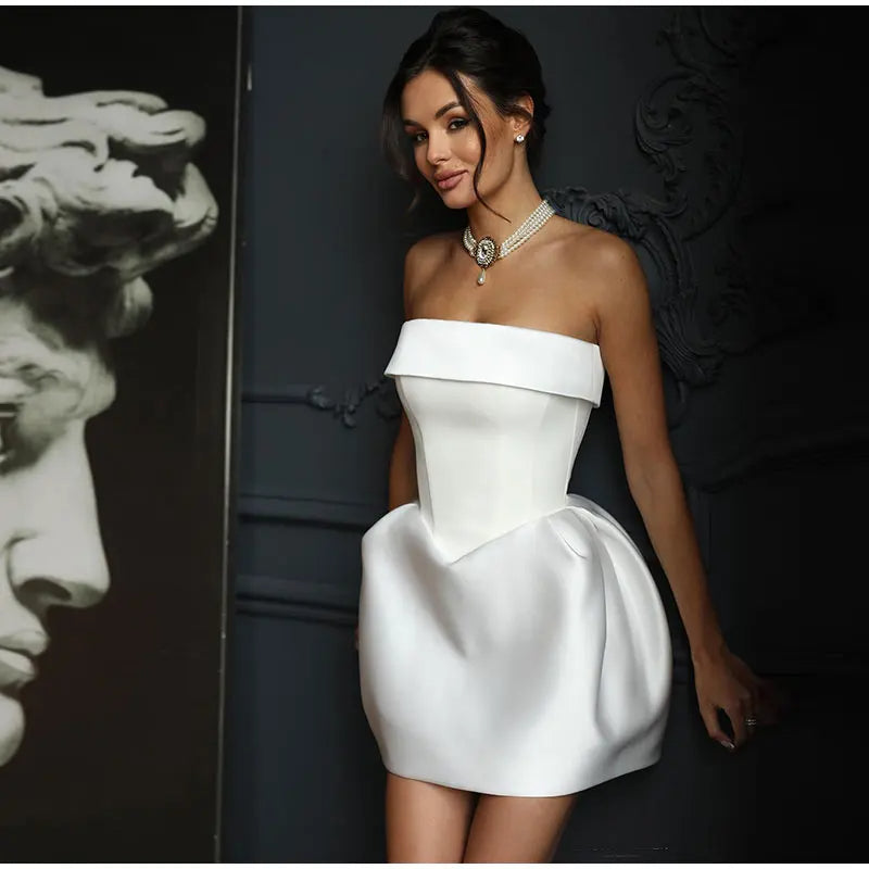 Calvina | Women's Cocktail Mini Dress Strapless - White - Image 3