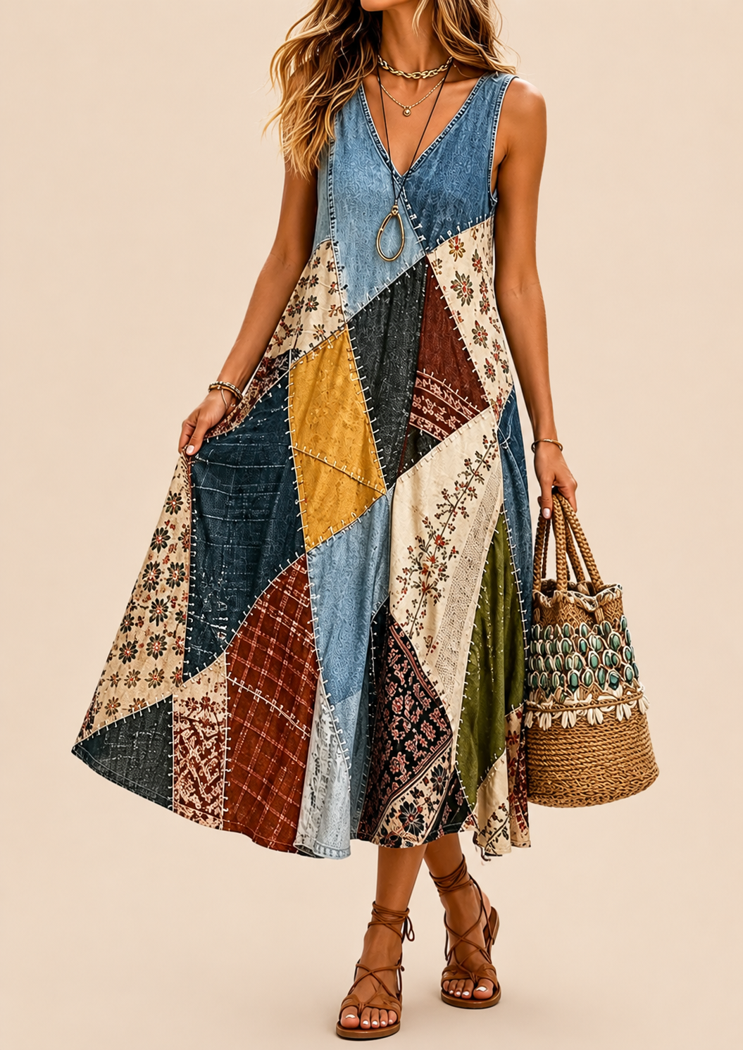 Calvindra | Women's Casual Summer Maxi Dress Patchwork - Image 3