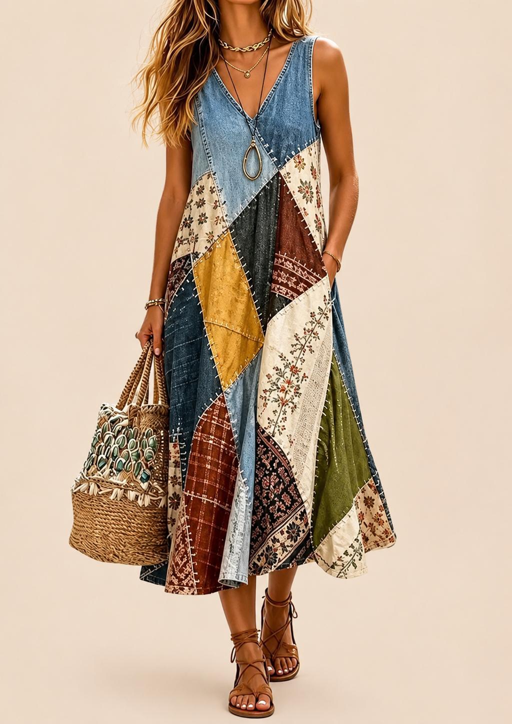 Calvindra | Women's Casual Summer Maxi Dress Patchwork - Image 4