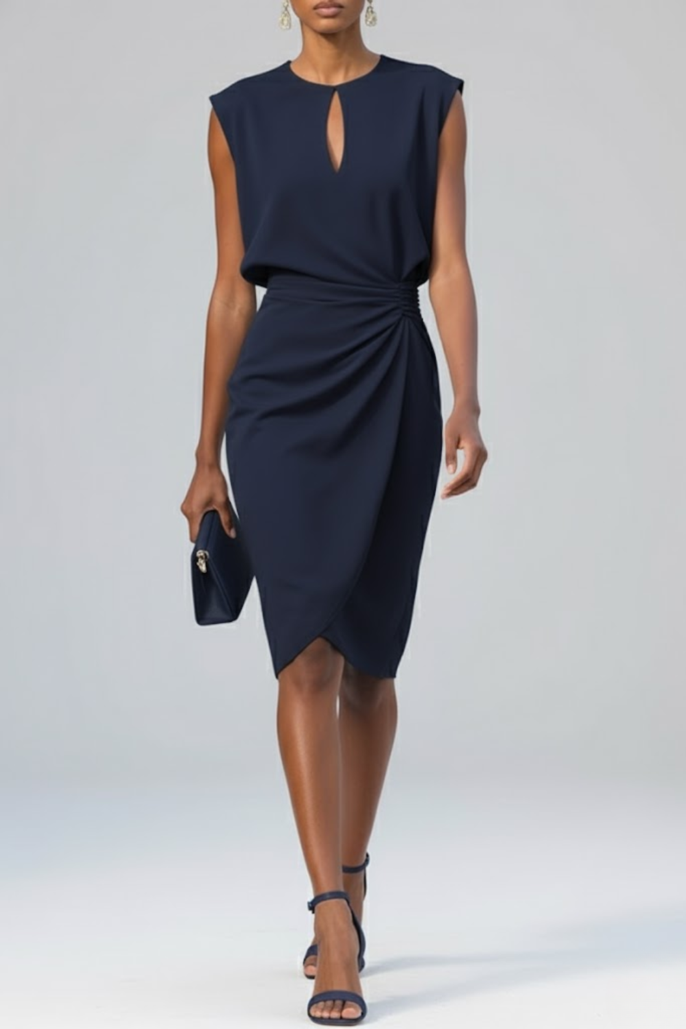 Calvine | Women's Midi Dress Ruched Keyhole Neckline - Light Blue - Image 2