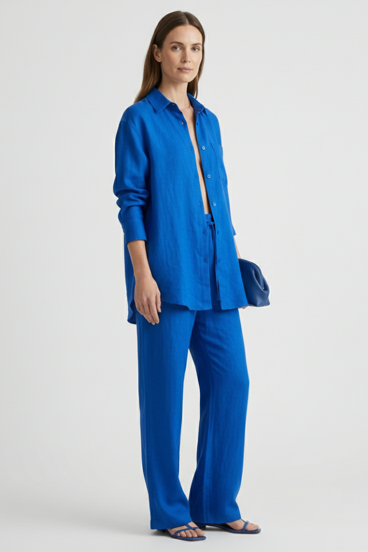 Calvith | Women's Two Piece Set Linen Shirt & Trousers - Beige - Image 5