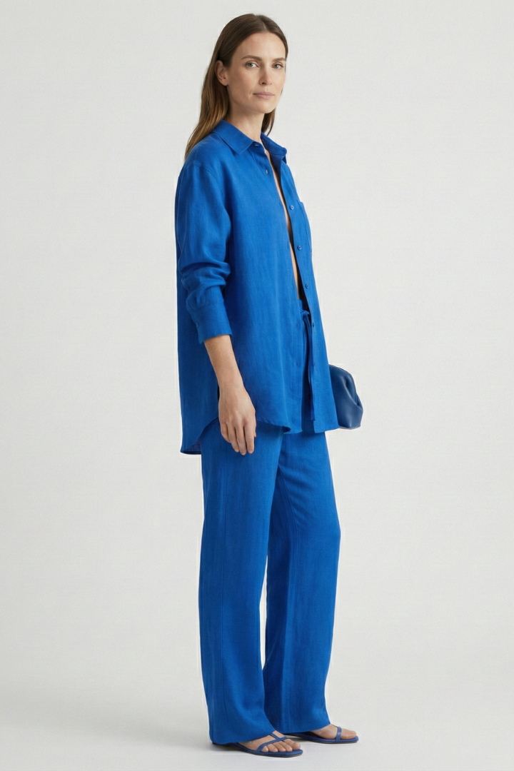 Calvith | Women's Two Piece Set Linen Shirt & Trousers - Beige - Image 6