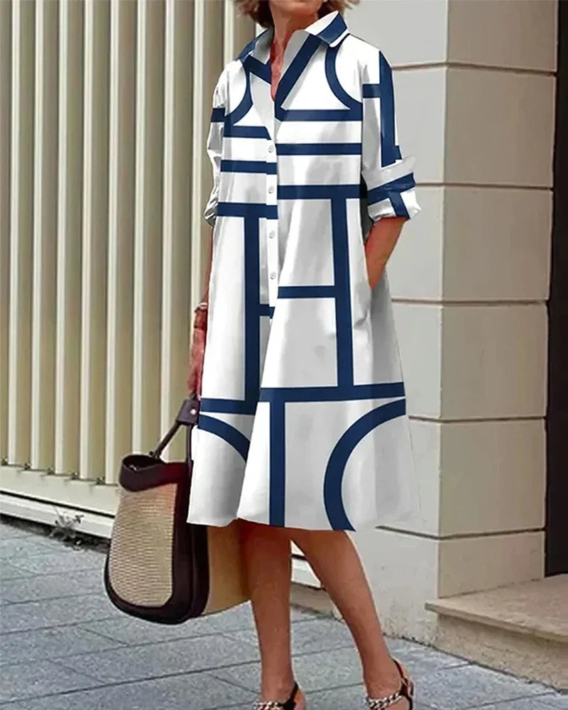 Calvora | Women's Summer Shirt Dress Geometric Print Midi - White - Image 1