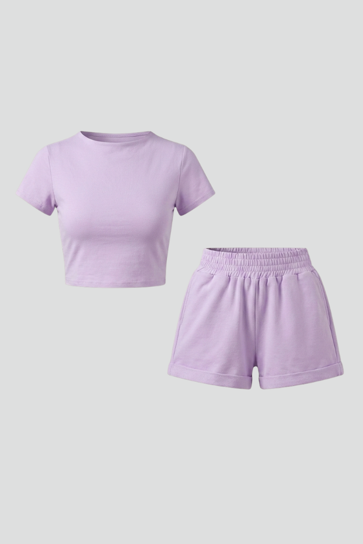 Calvrienne | Women's Two Piece Set Crop Top & Shorts - Beige - Image 2