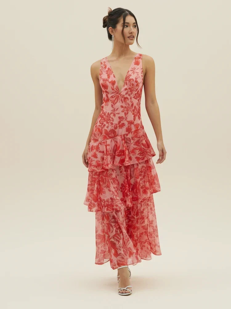 Celesta | Women's Floral Tiered Ruffle Maxi Dress - Pink - Image 3