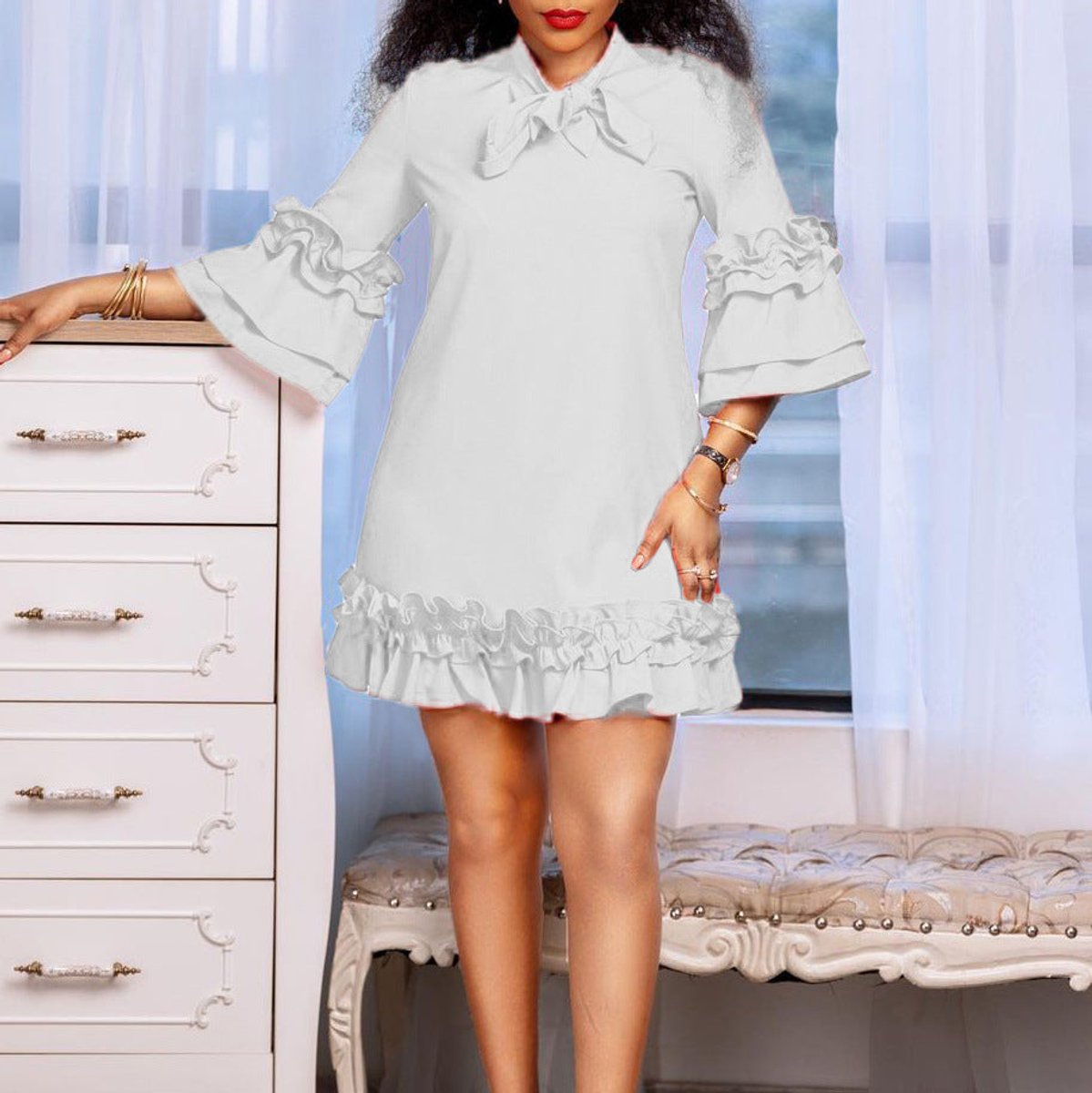 Celestia | Women's Ruffle Mini Dress with Bow Neck - Image 5