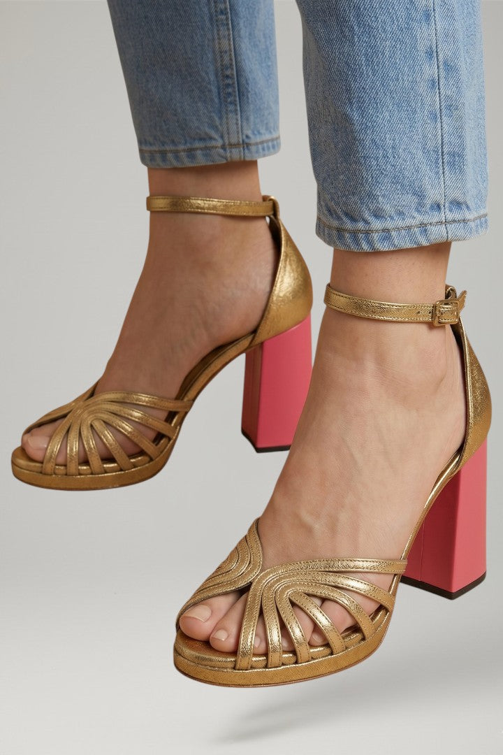 Celvaine | Women's Block Heel Sandals Ankle Strap - Gold - Image 4