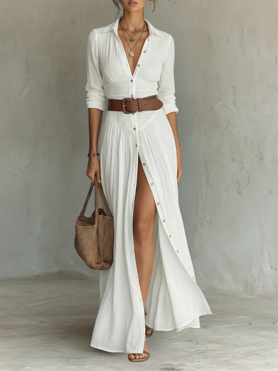 Celvaine | Women's Maxi Dress Button-Down - White - Image 1
