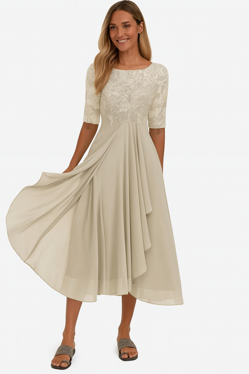 Claribel | Women's Midi Dress Lace Bodice Chiffon - Image 1
