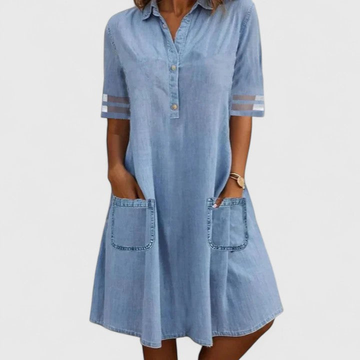 Colverne | Women's Denim Shirt Dress with Pockets - Light Blue - Image 1