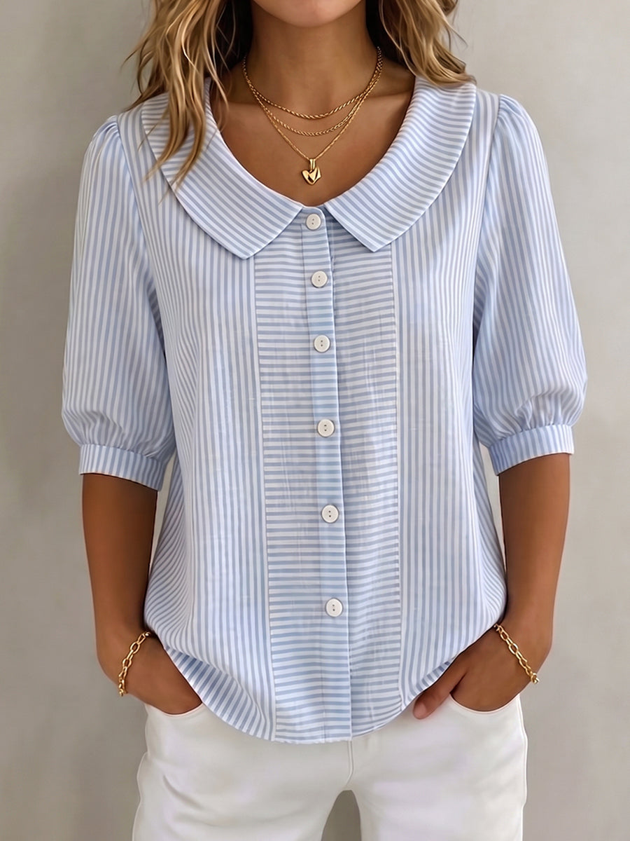 Coralie | Women's Linen Top Short Sleeve Blouse - Light Blue - Image 1