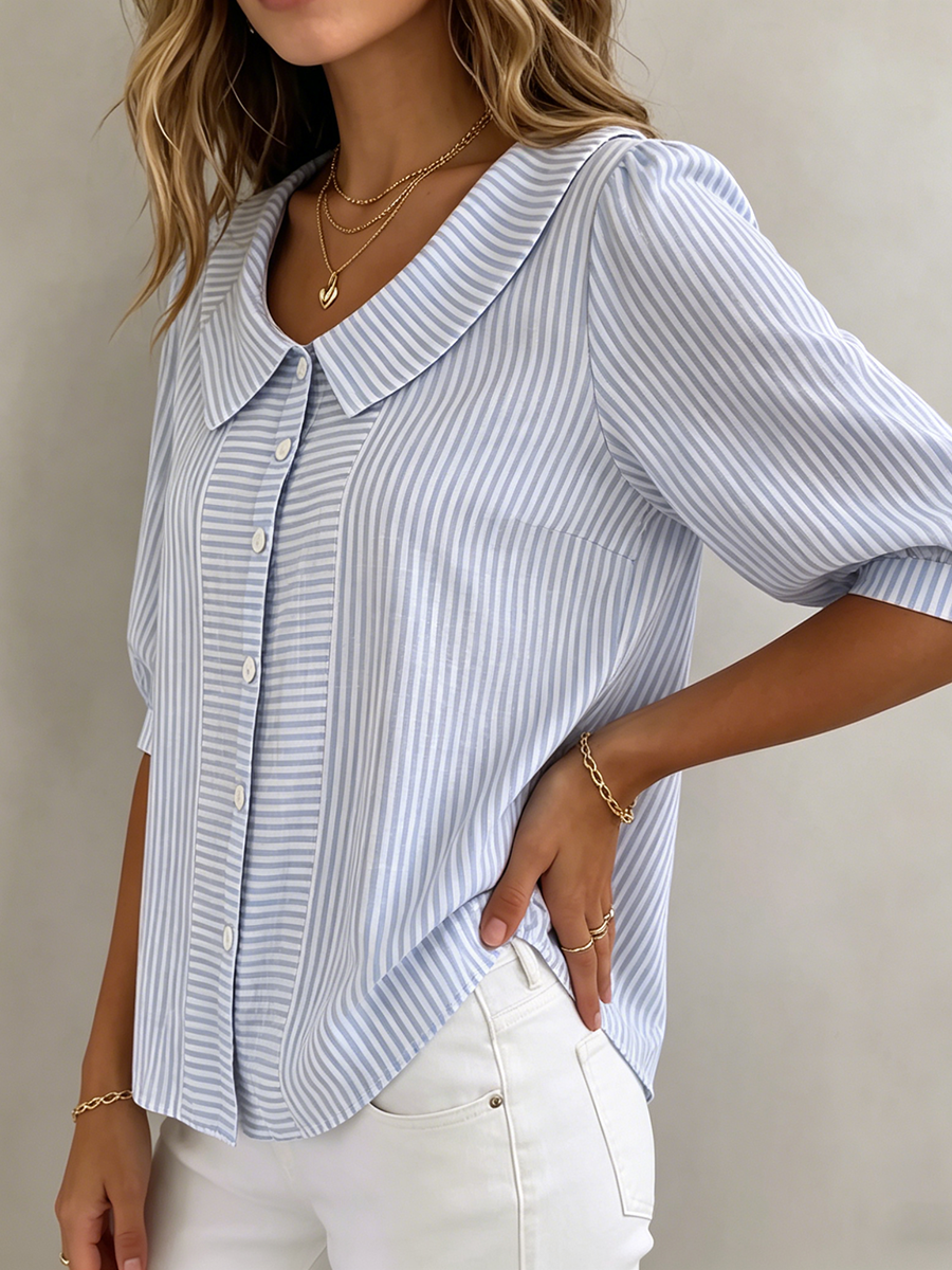 Coralie | Women's Linen Top Short Sleeve Blouse - Light Blue - Image 2