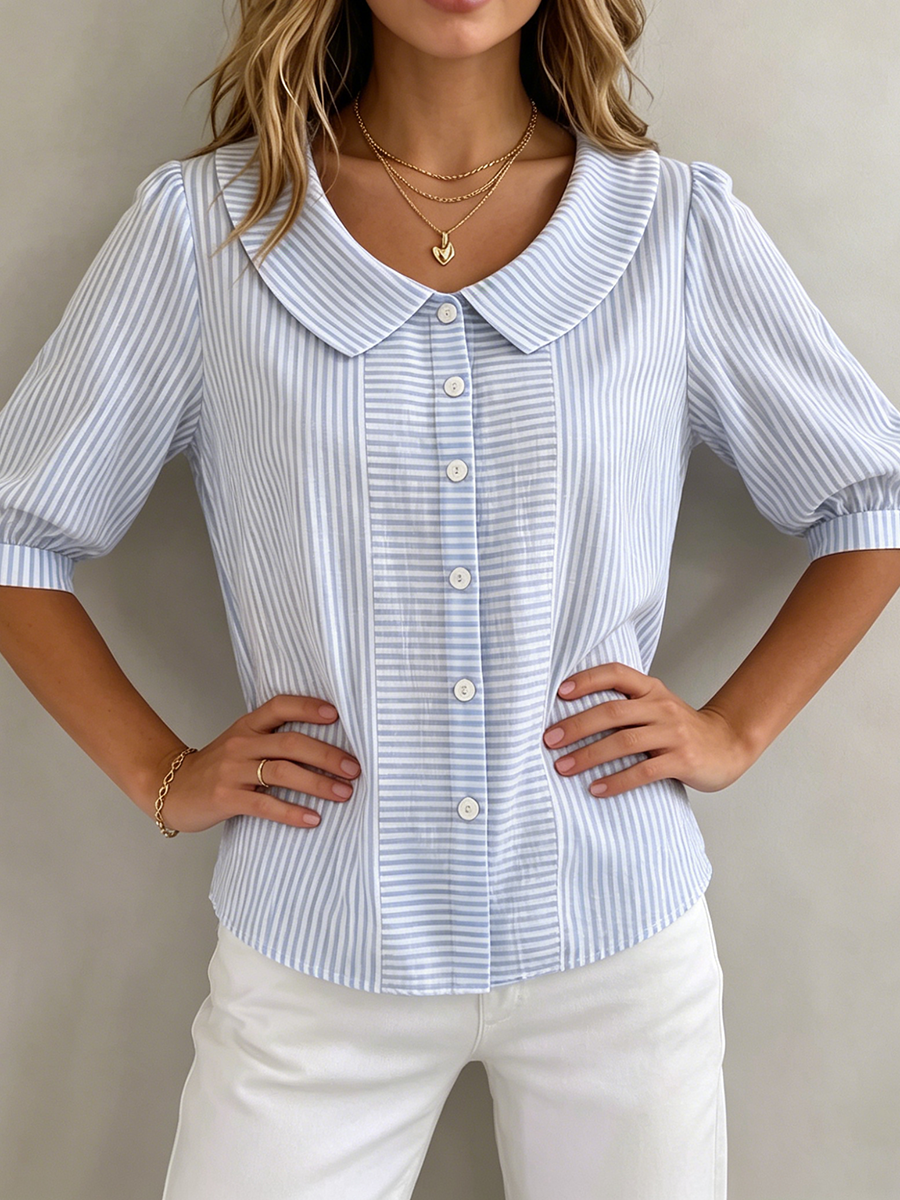 Coralie | Women's Linen Top Short Sleeve Blouse - Light Blue - Image 3