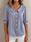 Coralie | Women's Linen Top Short Sleeve Blouse - Light Blue - Image 6