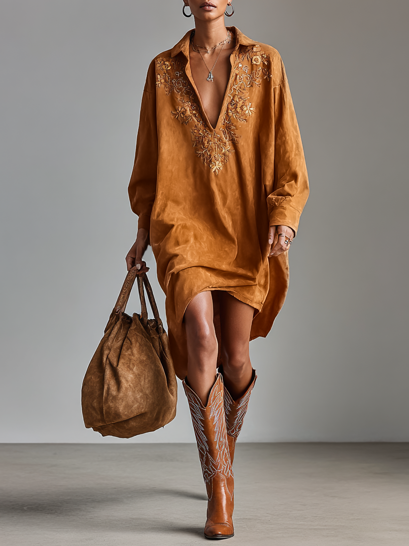 Coralie | Women's Mini Dress Oversized Embroidered Shirt - Camel - Image 1