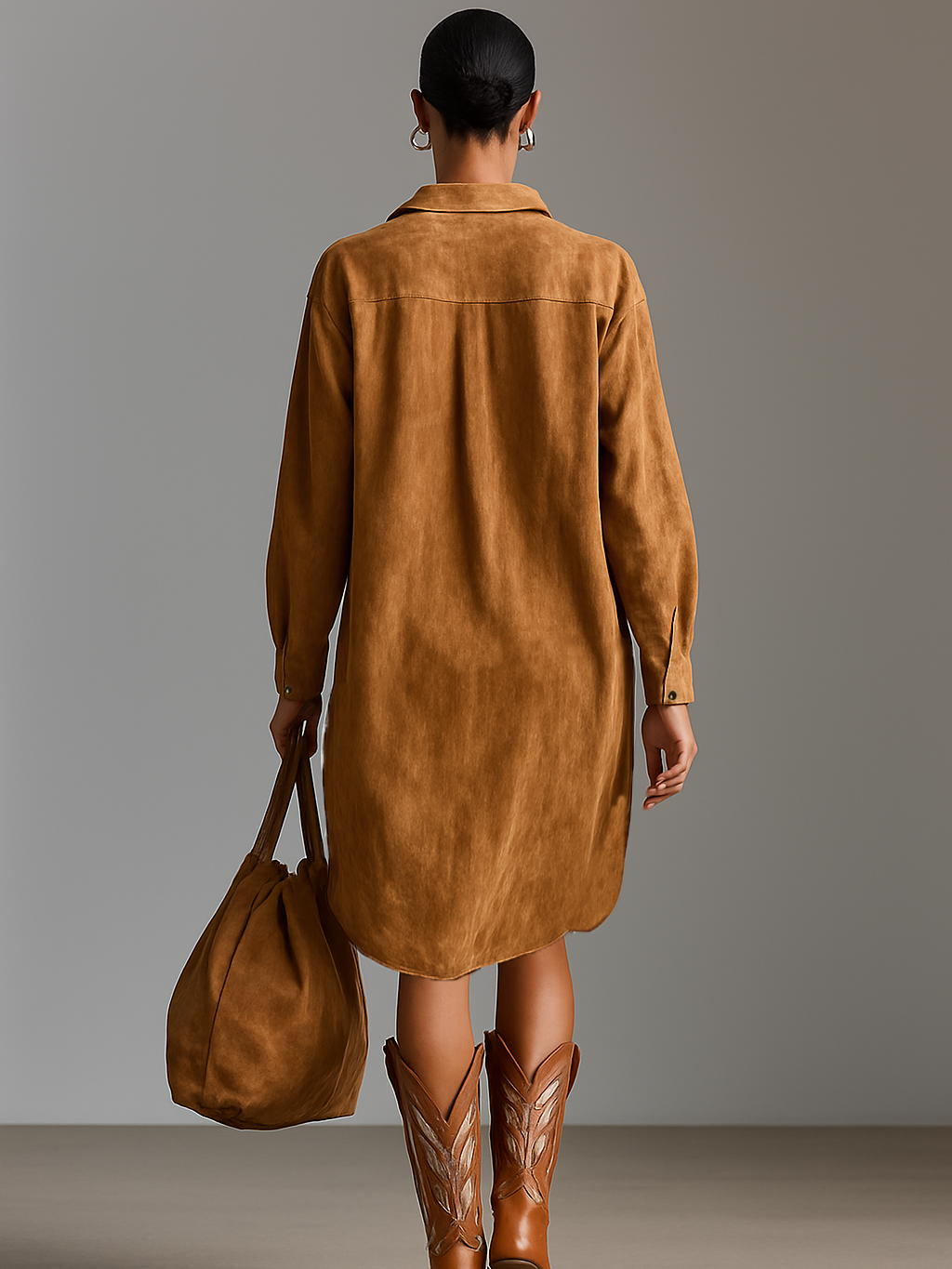 Coralie | Women's Mini Dress Oversized Embroidered Shirt - Camel - Image 4