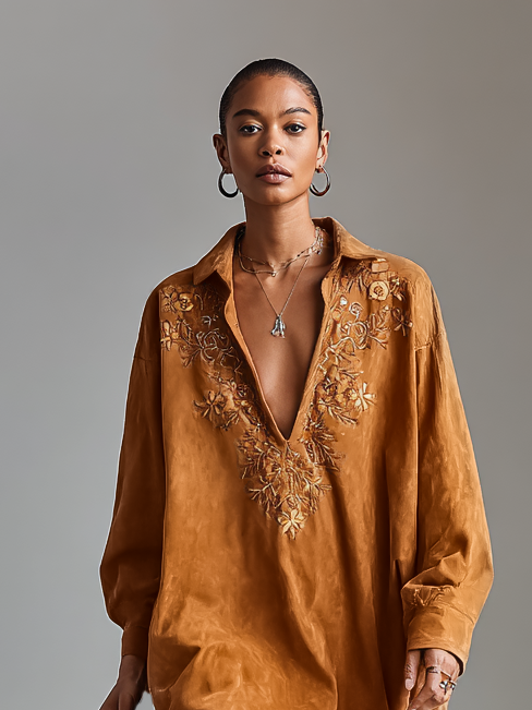 Coralie | Women's Mini Dress Oversized Embroidered Shirt - Camel - Image 6