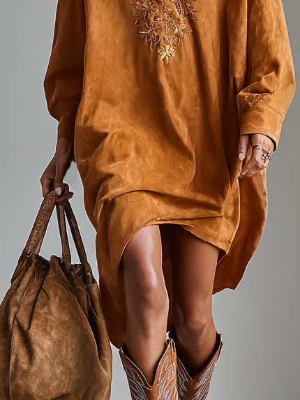 Coralie | Women's Mini Dress Oversized Embroidered Shirt - Camel - Image 7