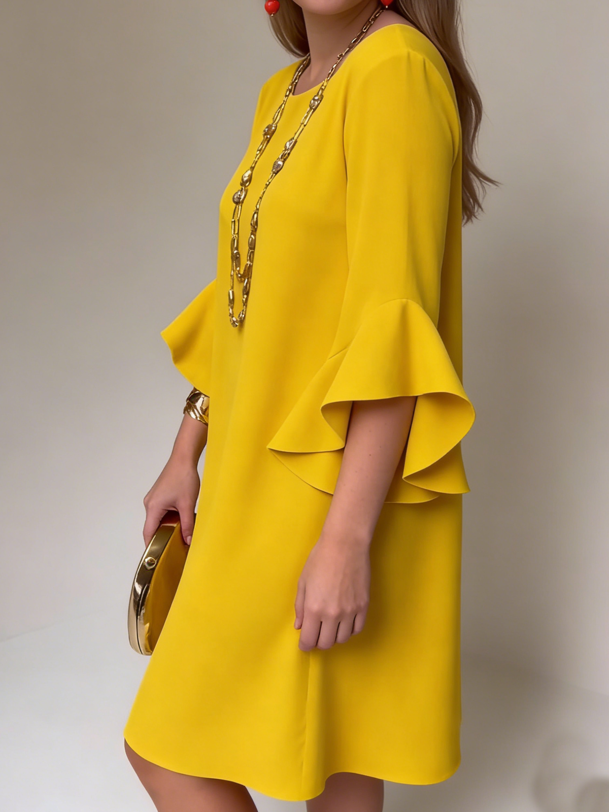Corenne | Women's Cocktail Dress Ruffle Bell Sleeve - Yellow - Image 3