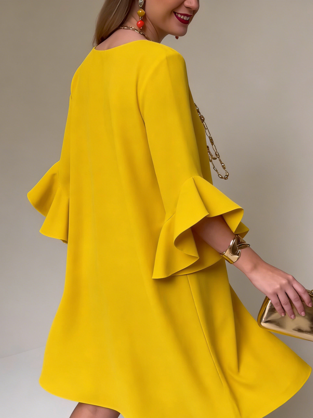 Corenne | Women's Cocktail Dress Ruffle Bell Sleeve - Yellow - Image 4