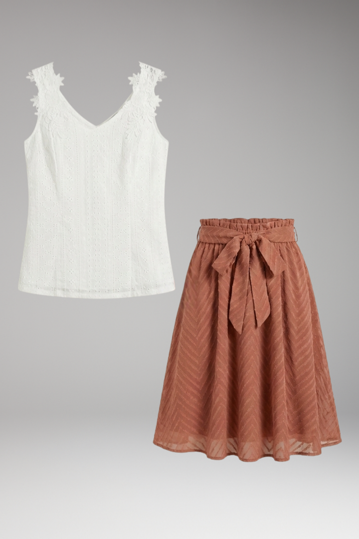 Corindel | Women's Two Piece Set Lace Top & Midi Skirt - White - Image 1