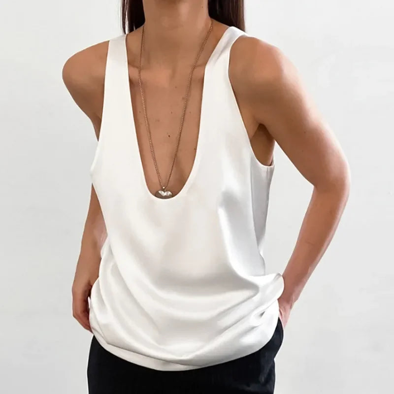 Corvaine | Women's Deep V-Neck Sleeveless Tank Top - White - Image 8