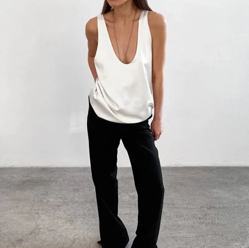 Corvaine | Women's Deep V-Neck Sleeveless Tank Top - White - Image 9