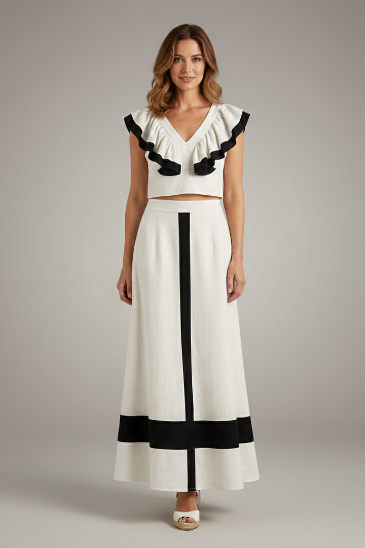 Corvelle | Women's Two Piece Set Ruffle Top Midi Skirt - White - Image 1