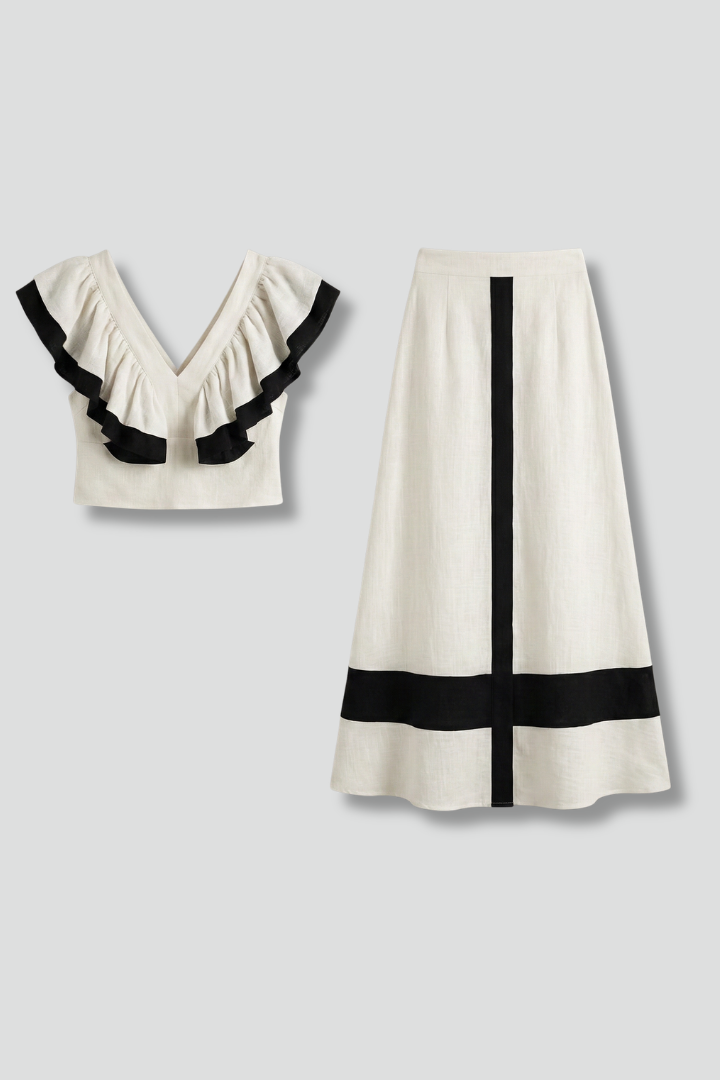 Corvelle | Women's Two Piece Set Ruffle Top Midi Skirt - White - Image 2