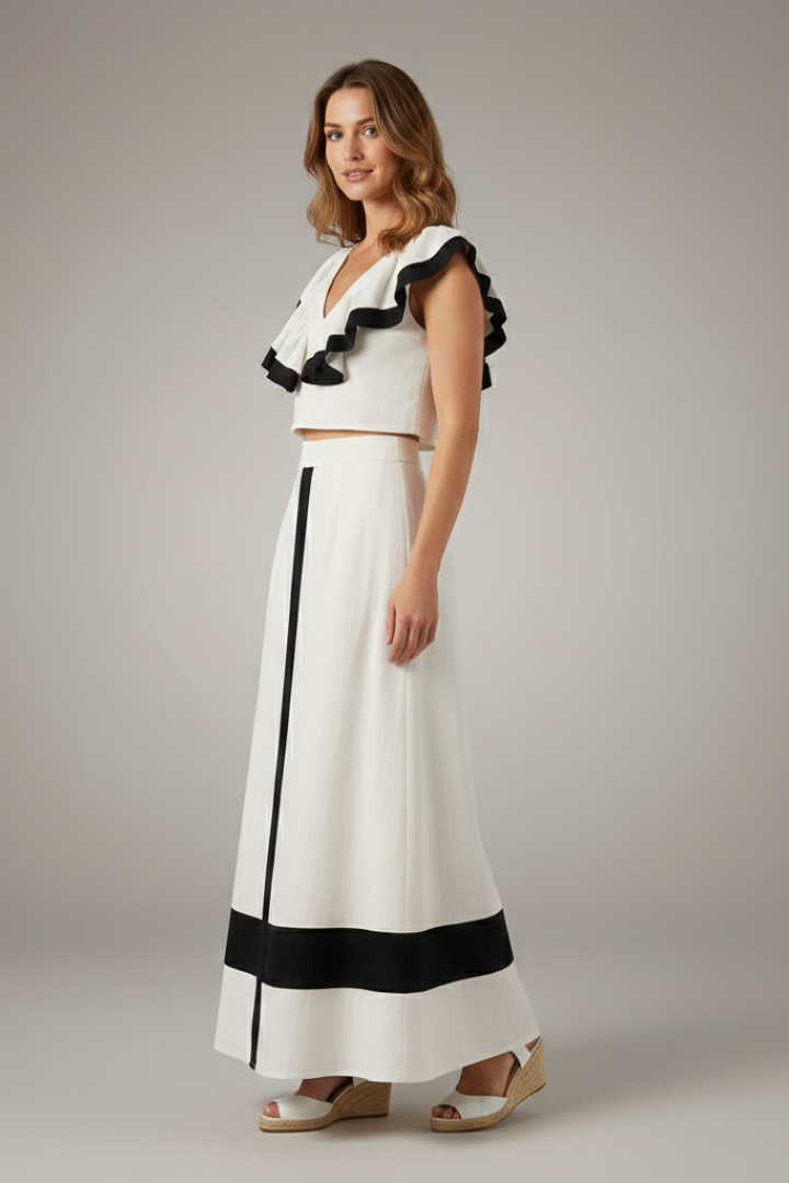 Corvelle | Women's Two Piece Set Ruffle Top Midi Skirt - White - Image 4
