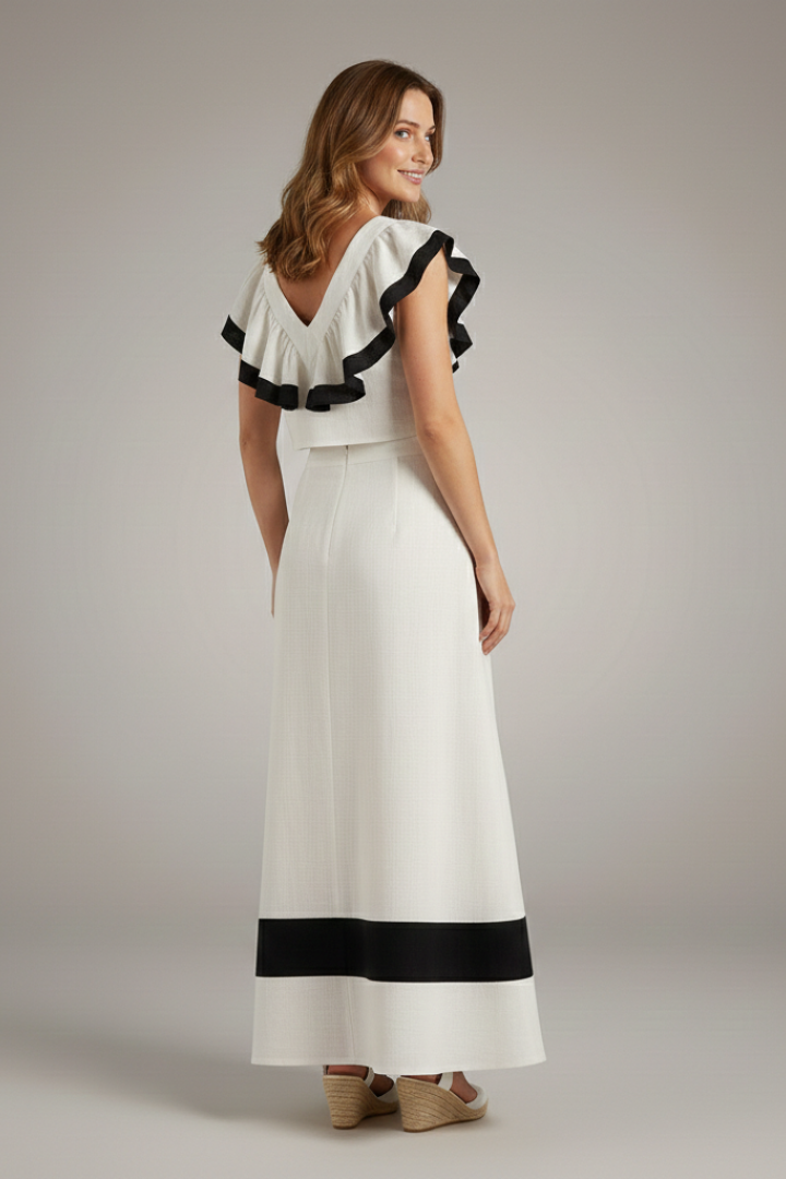 Corvelle | Women's Two Piece Set Ruffle Top Midi Skirt - White - Image 5