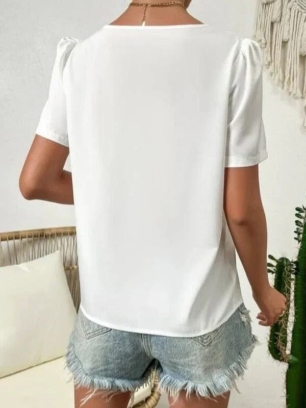Delvara | Women's Asymmetric Neck Puff Sleeve Top - White - Image 5
