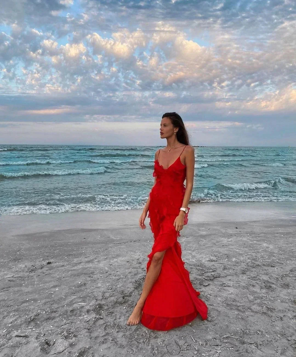 Delvara | Women's Evening Gown Ruffle Maxi Dress - Red - Image 14