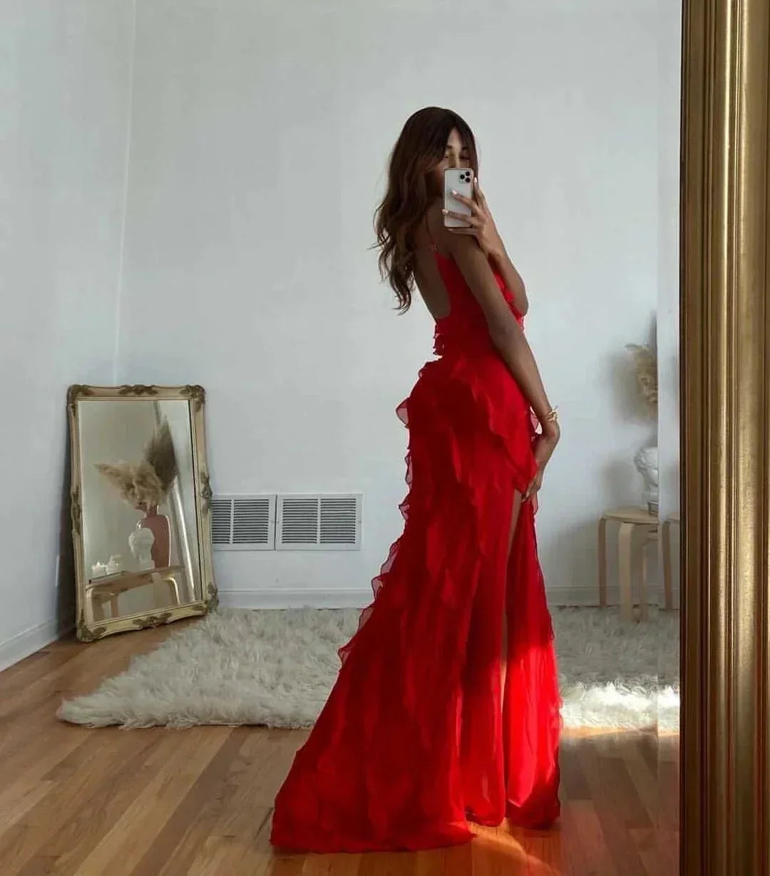 Delvara | Women's Evening Gown Ruffle Maxi Dress - Red - Image 16