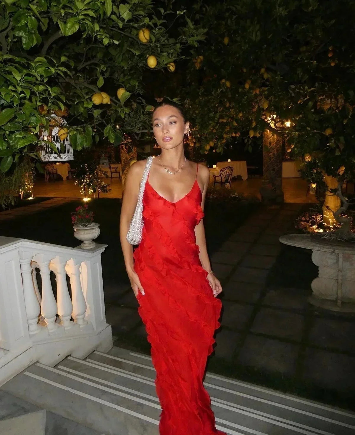 Delvara | Women's Evening Gown Ruffle Maxi Dress - Red - Image 3