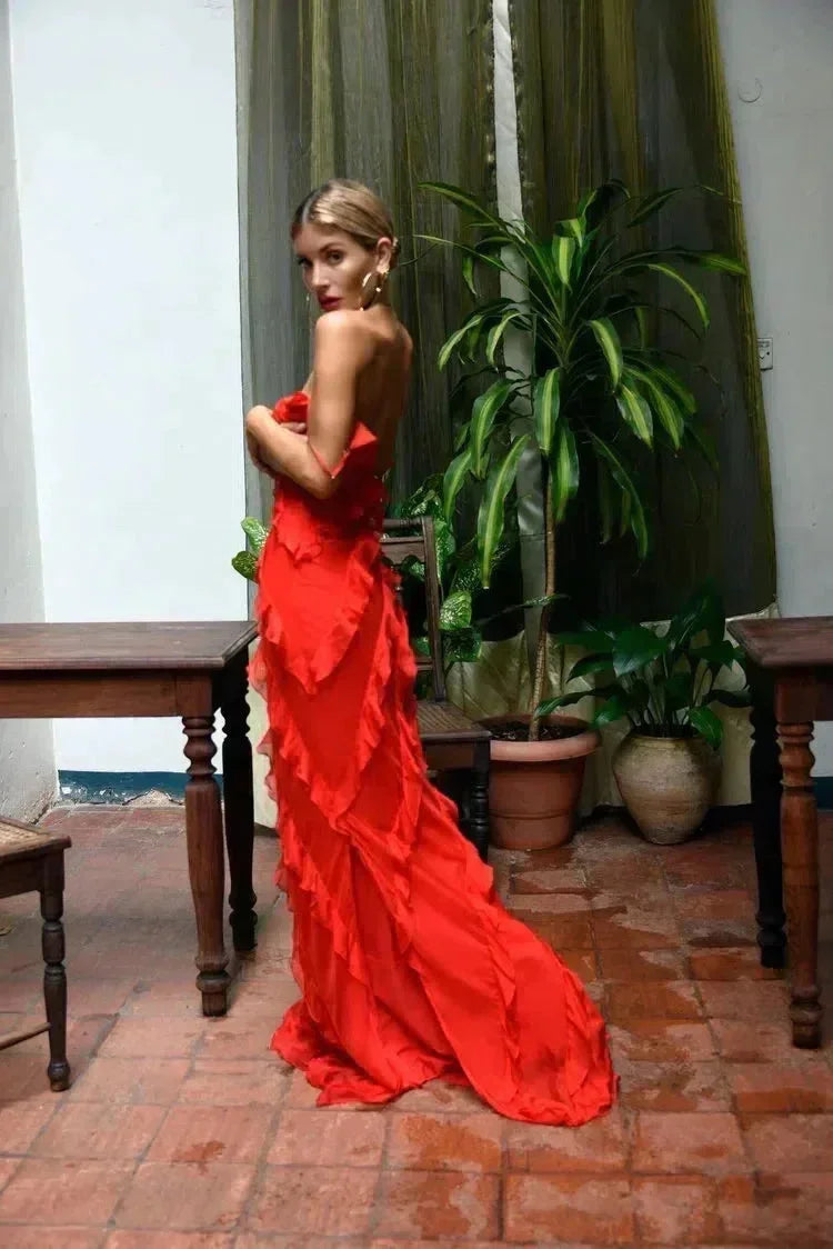 Delvara | Women's Evening Gown Ruffle Maxi Dress - Red - Image 5