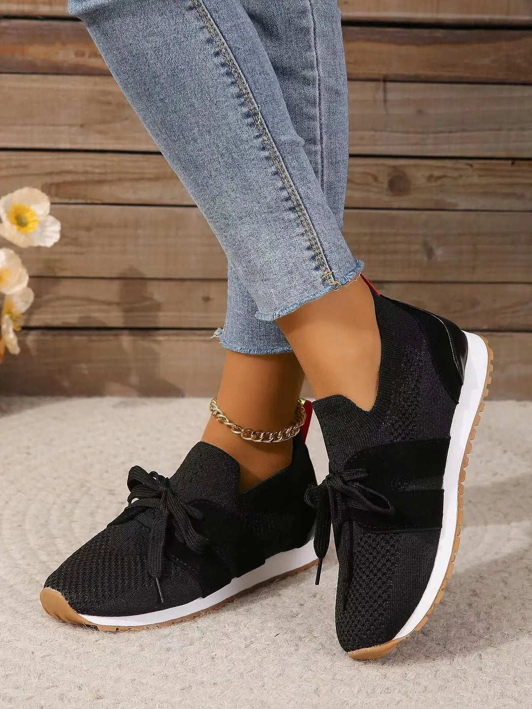 Delvara | Women's Orthopedic Sneakers Knit Walking Shoes - Black - Image 1