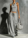 Delvara | Women's Striped Crop Tank Top & Cargo Pants Set - Striped - Image 1
