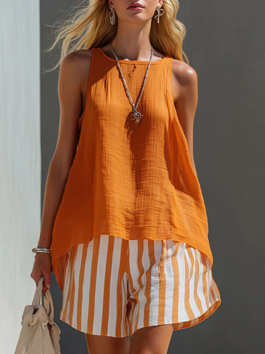 Delvisse | Women's Sleeveless Tank Top Two-Piece Set - Orange - Image 1
